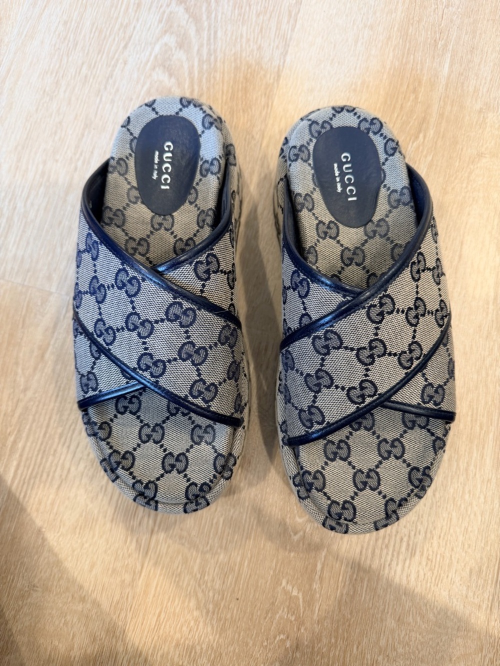 Gucci Beige Canvas GG Cross-Strap Slides with Navy Trim